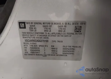 2016 Chevrolet Silverado 1500 1Lt из США, поврежденный, VIN 3GCUKREC8GG279190